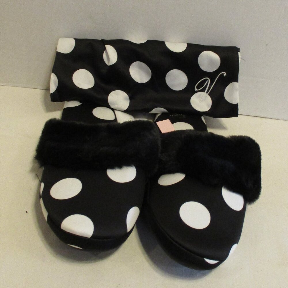 Victoria Secret Slippers NEW Woman Large (9-10) Black White Fuzzy Slippers